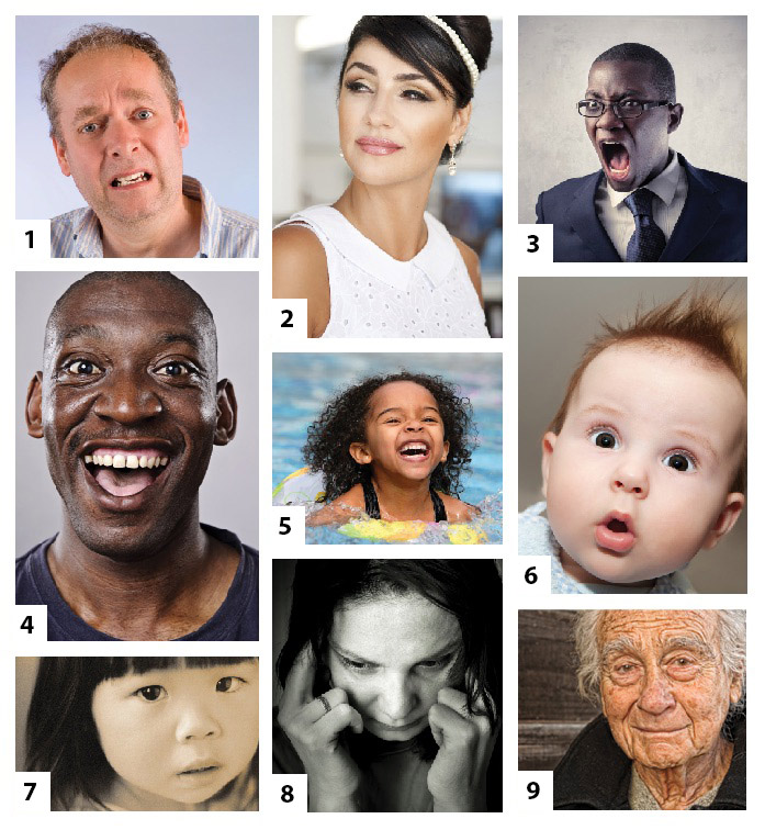 Seeing Emotions in Facial Expressions nine faces with expressing different feelings