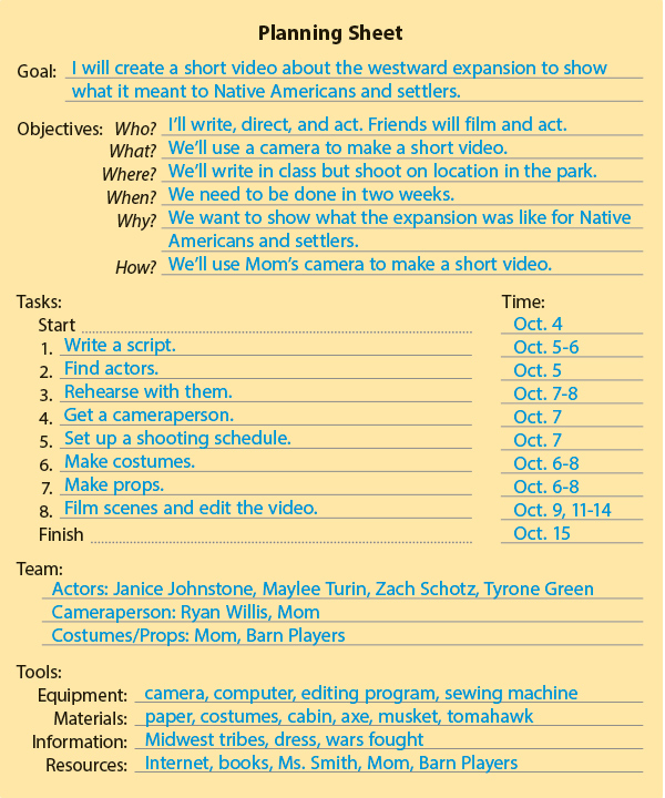Creating a Plan an image of a planning sheet