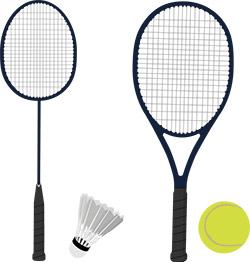 tennis racket, badminton racket, shuttlecock, tennis ball