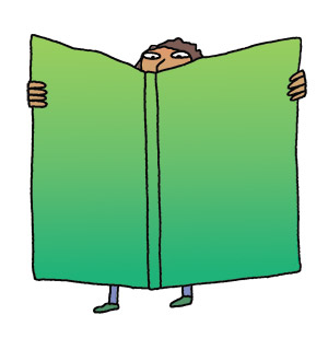 Illustration of boy reading giant book