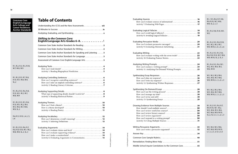 Shifting to the Common Core English/Language Arts (Grades 6-8) page iv and v