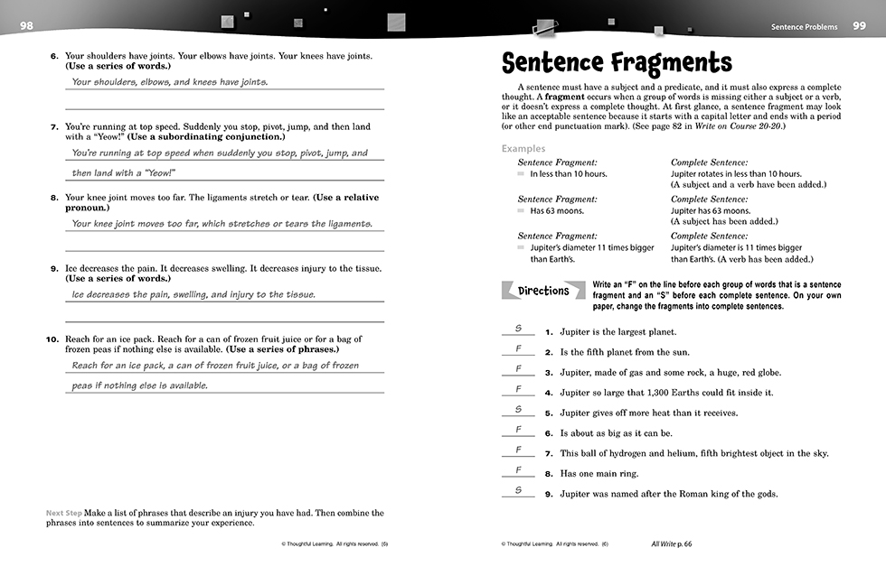Write on Course 20-20 SkillsBook (6) Teacher's Edition pages 98 and 99
