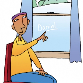 Illustration of boy writing his name in a frosty window