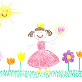 child crayon drawing of beautiful day and princess girl