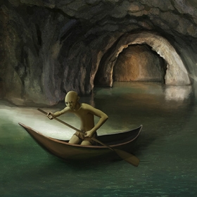 Gollum paddling in underground river