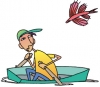 Illustration of a flying fish jumping over a boy in a rowboat